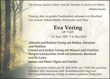 Traueranzeige von Eva Vering von Trauerportal Rhein Main Presse