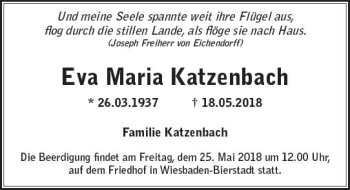 Traueranzeige von Eva Maria Katzenbach von Trauerportal Rhein Main Presse