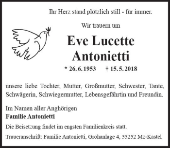 Traueranzeige von Eve Lucette Antonietti von Trauerportal Rhein Main Presse
