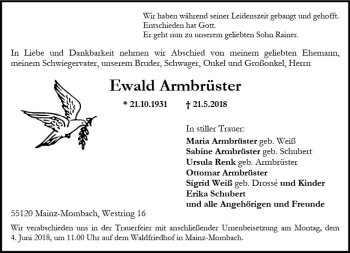 Traueranzeige von Ewald Armbrüster von Trauerportal Rhein Main Presse