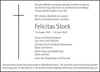 Traueranzeige von Felicitas Stock von Trauerportal Rhein Main Presse