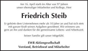 Traueranzeige von Friedrich Steib von Trauerportal Rhein Main Presse