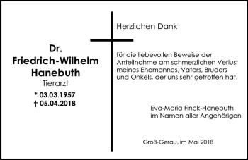 Traueranzeige von Friedrich-Wilhelm Hanebuth von Trauerportal Rhein Main Presse