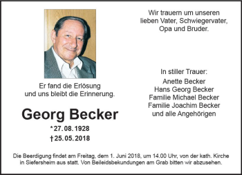 Traueranzeige von Georg Becker von Trauerportal Rhein Main Presse