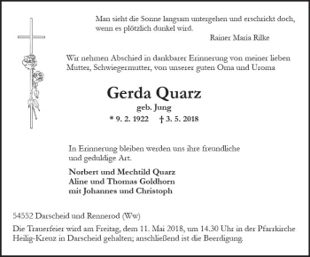 Traueranzeige von Gerda Quarz von Trauerportal Rhein Main Presse