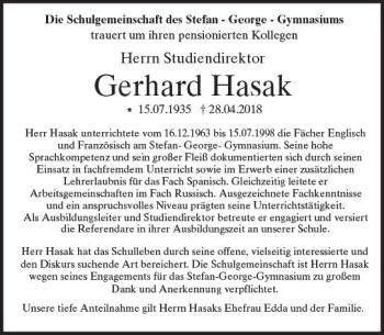 Traueranzeige von Gerhard Hasak von Trauerportal Rhein Main Presse