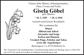 Traueranzeige von Gisela Göbel von Trauerportal Rhein Main Presse