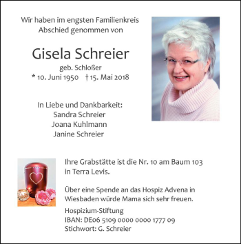 Traueranzeige von Gisela Schreier von Trauerportal Rhein Main Presse