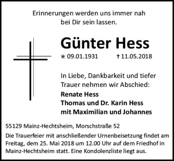 Traueranzeige von Günter Hess von Trauerportal Rhein Main Presse