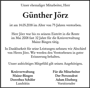 Traueranzeige von Günther Jörz von Trauerportal Rhein Main Presse