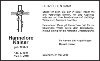 Traueranzeige von Hannelore Kaiser von Trauerportal Rhein Main Presse