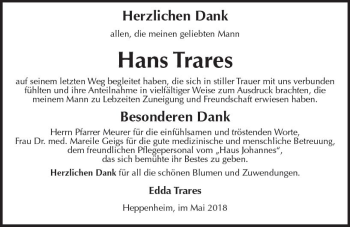 Traueranzeige von Hans Trares von Trauerportal Rhein Main Presse