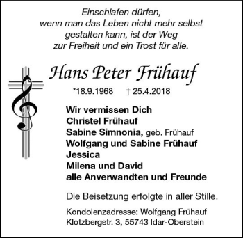 Traueranzeige von Hans Peter Frühauf von Trauerportal Rhein Main Presse
