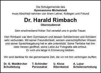Traueranzeige von Harald Rimbach von Trauerportal Rhein Main Presse