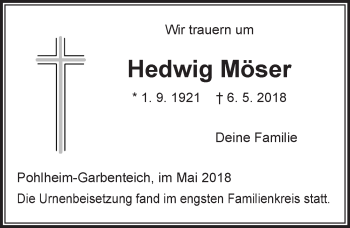 Traueranzeige von Hedwig Möser von  Gießener Anzeiger
