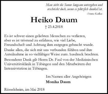 Traueranzeige von Heiko Daum von Trauerportal Rhein Main Presse