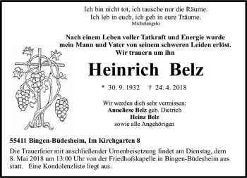 Traueranzeige von Heinrich Belz von Trauerportal Rhein Main Presse