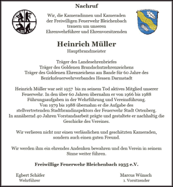 Traueranzeige von Heinrich Müller von  Kreisanzeiger