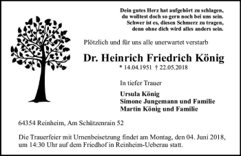 Traueranzeige von Heinrich Friedrich König von Trauerportal Rhein Main Presse