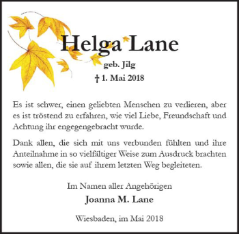 Traueranzeige von Helga Lane von Trauerportal Rhein Main Presse