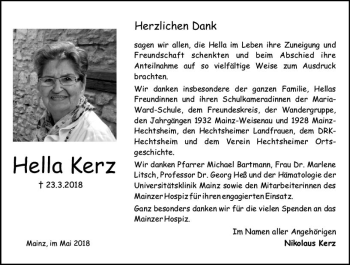 Traueranzeige von Hella Kerz von Trauerportal Rhein Main Presse