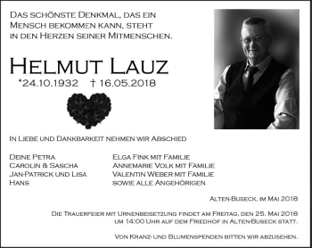 Traueranzeige von Helmut Lauz von  Gießener Anzeiger