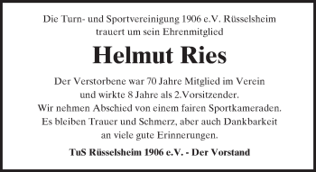 Traueranzeige von Helmut Ries von Trauerportal Rhein Main Presse