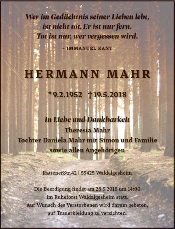Traueranzeige von Hermann Mahr von Trauerportal Rhein Main Presse