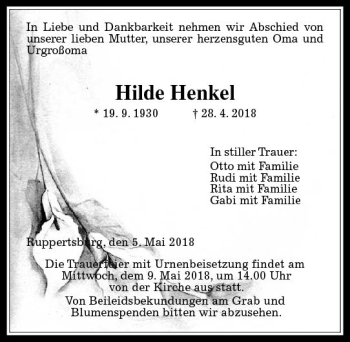Traueranzeige von Hilde Henkel von  Gießener Anzeiger