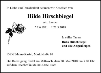 Traueranzeige von Hilde Hirschbiegel von Trauerportal Rhein Main Presse