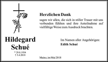 Traueranzeige von Hildegard Schué von Trauerportal Rhein Main Presse
