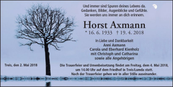 Traueranzeige von Horst Axmann von  Gießener Anzeiger