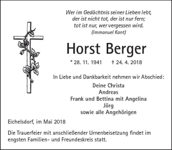 Traueranzeige von Horst Berger von  Kreisanzeiger