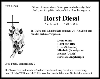 Traueranzeige von Horst Diessl von VRM Trauer