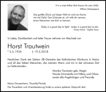 Traueranzeige von Horst Trautwein von Trauerportal Rhein Main Presse