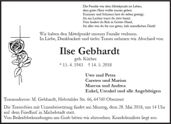 Traueranzeige von Ilse Gebhardt von Trauerportal Rhein Main Presse