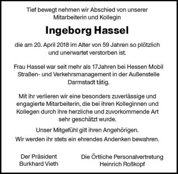 Traueranzeige von Ingeborg Hassel von Trauerportal Rhein Main Presse