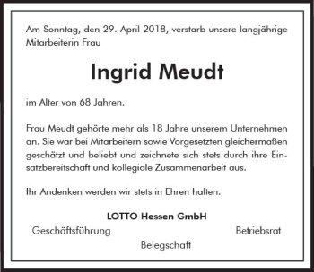 Traueranzeige von Ingrid Meudt von Trauerportal Rhein Main Presse