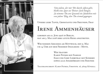 Traueranzeige von Irene Ammenhäuser von Trauerportal Rhein Main Presse
