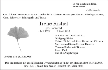Traueranzeige von Irene Richel von  Gießener Anzeiger