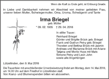 Traueranzeige von Irma Briegel von  Gießener Anzeiger