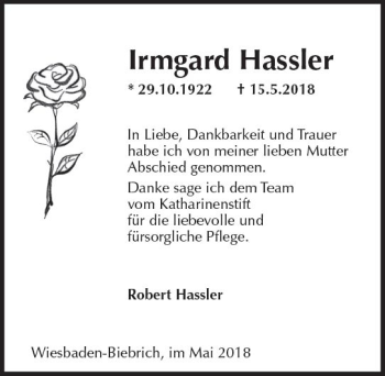 Traueranzeige von Irmgard Hassler von Trauerportal Rhein Main Presse