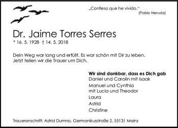 Traueranzeige von Jaime Torres Serres von Trauerportal Rhein Main Presse