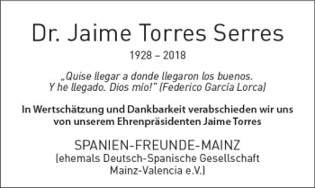 Traueranzeige von Jaime Torres Serres von Trauerportal Rhein Main Presse