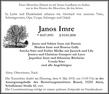 Traueranzeige von Janos Imre von Trauerportal Rhein Main Presse