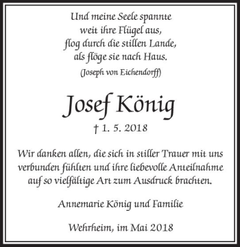 Traueranzeige von Josef König von  Usinger Anzeiger