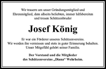 Traueranzeige von Josef König von  Usinger Anzeiger