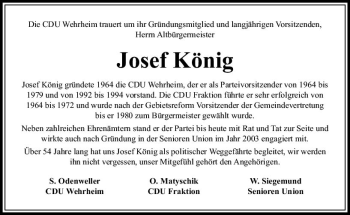 Traueranzeige von Josef König von  Usinger Anzeiger