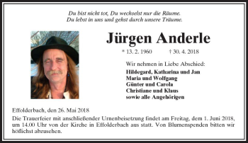 Traueranzeige von Jürgen Anderle von  Kreisanzeiger