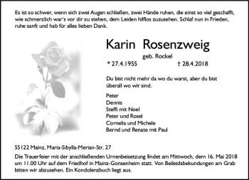 Traueranzeige von Karin Rosenzweig von Trauerportal Rhein Main Presse